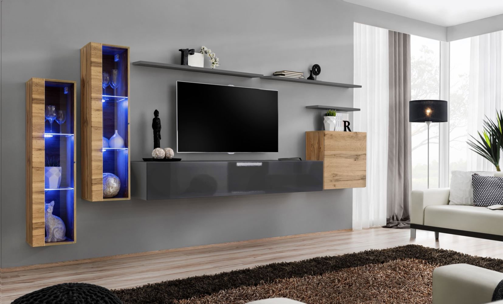 Elégant meuble-paroi Balestrand 175, couleur : chêne wotan / gris - dimensions : 160 x 330 x 40 cm (h x l x p), avec éclairage LED
