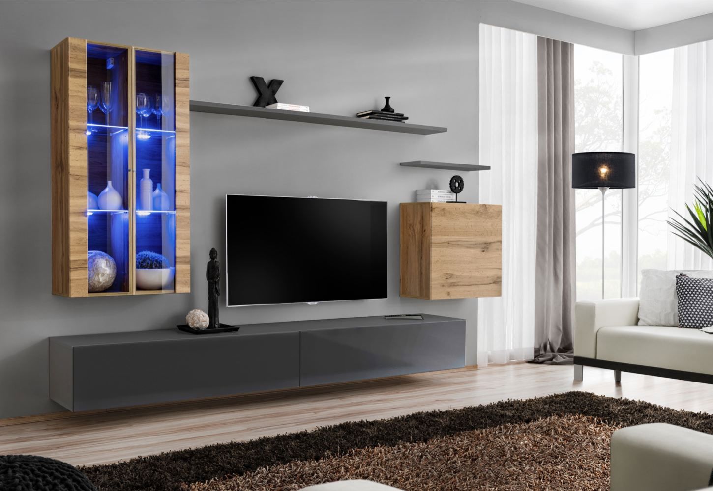 Exceptionnel meuble-paroi Balestrand 191, couleur : chêne wotan / gris - dimensions : 160 x 270 x 40 cm (h x l x p), avec éclairage LED