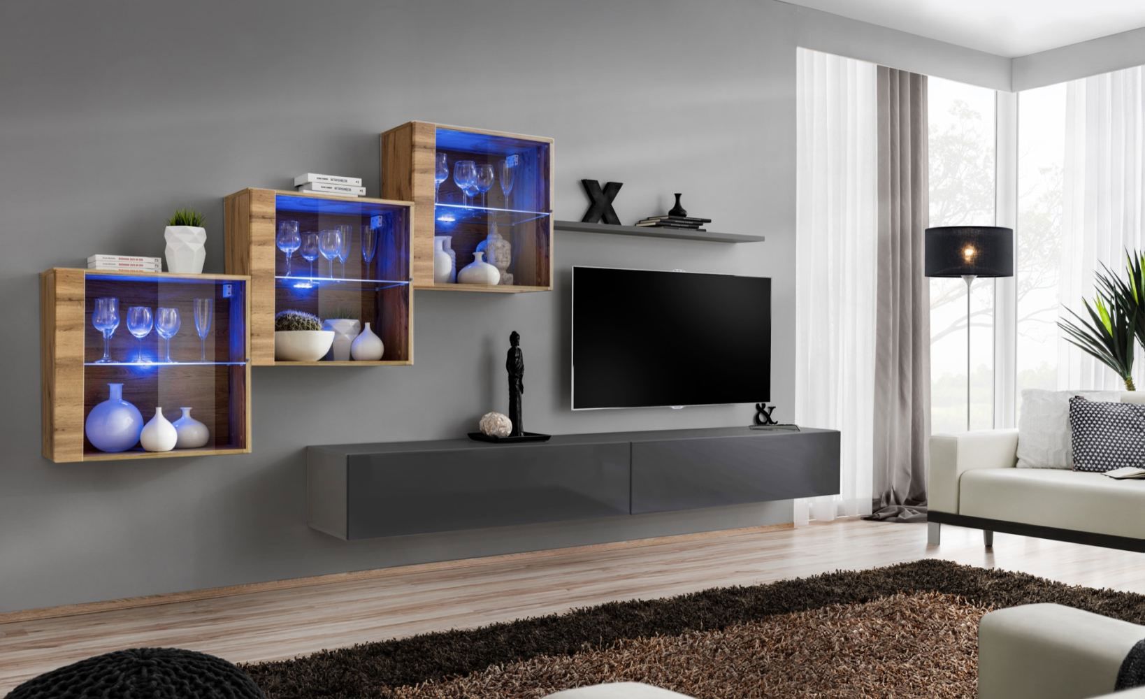 Elégant meuble-paroi Balestrand 319, couleur : chêne wotan / gris - dimensions : 150 x 330 x 40 cm (h x l x p), avec fonction push-to-open