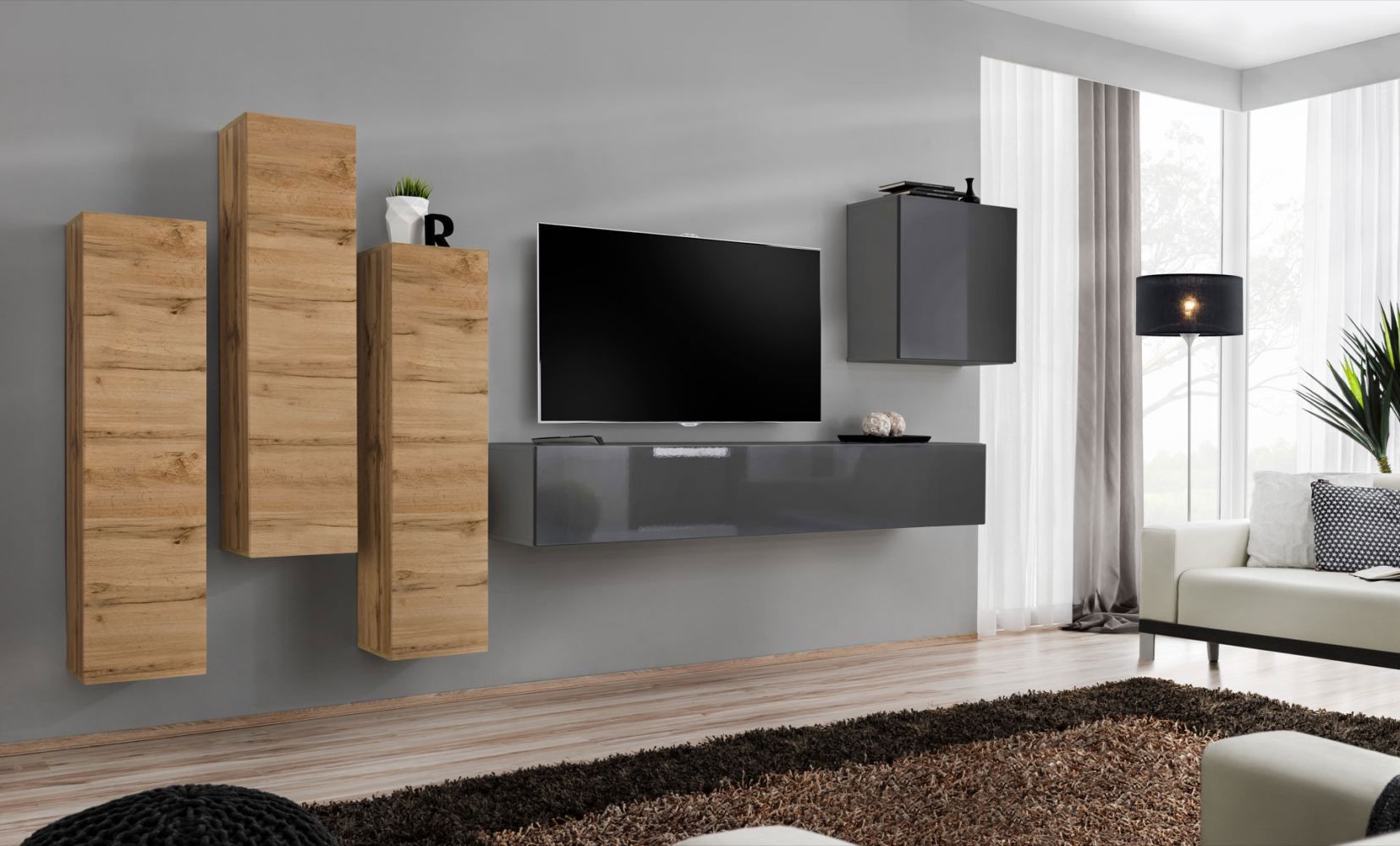 Elégant meuble-paroi Balestrand 47, couleur : chêne wotan / gris - dimensions : 160 x 330 x 40 cm (h x l x p), avec cinq portes