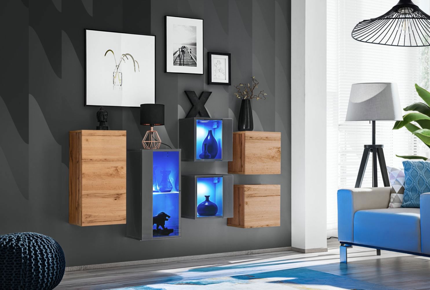 Ensemble moderne d'armoires suspendues / Vitrines suspendues Volleberg 111, Couleur : Chêne Wotan / Gris - Dimensions : 80 x 150 x 25 cm (h x l x p), avec éclairage LED bleu