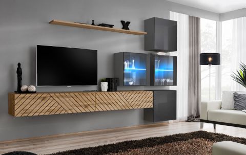 Elégant meuble-paroi Kongsvinger 111, couleur : chêne wotan / gris brillant - dimensions : 200 x 310 x 40 cm (h x l x p), avec éclairage LED