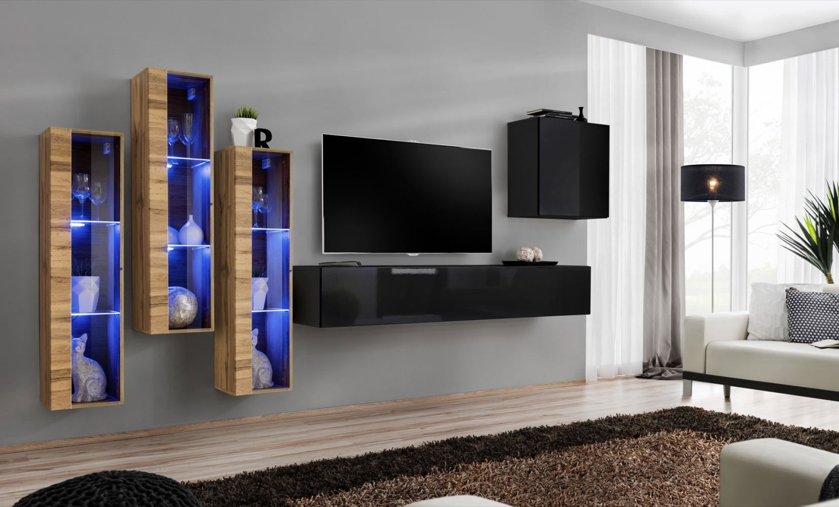 Mur de salon au design élégant Balestrand 205, Couleur : Chêne wotan / Noir - Dimensions : 160 x 330 x 40 cm (h x l x p), avec grand espace de rangement