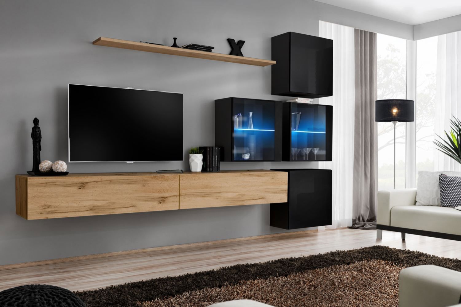 Exceptionnel meuble-paroi Balestrand 301, couleur : chêne wotan / noir - dimensions : 200 x 310 x 40 cm (h x l x p), avec éclairage LED