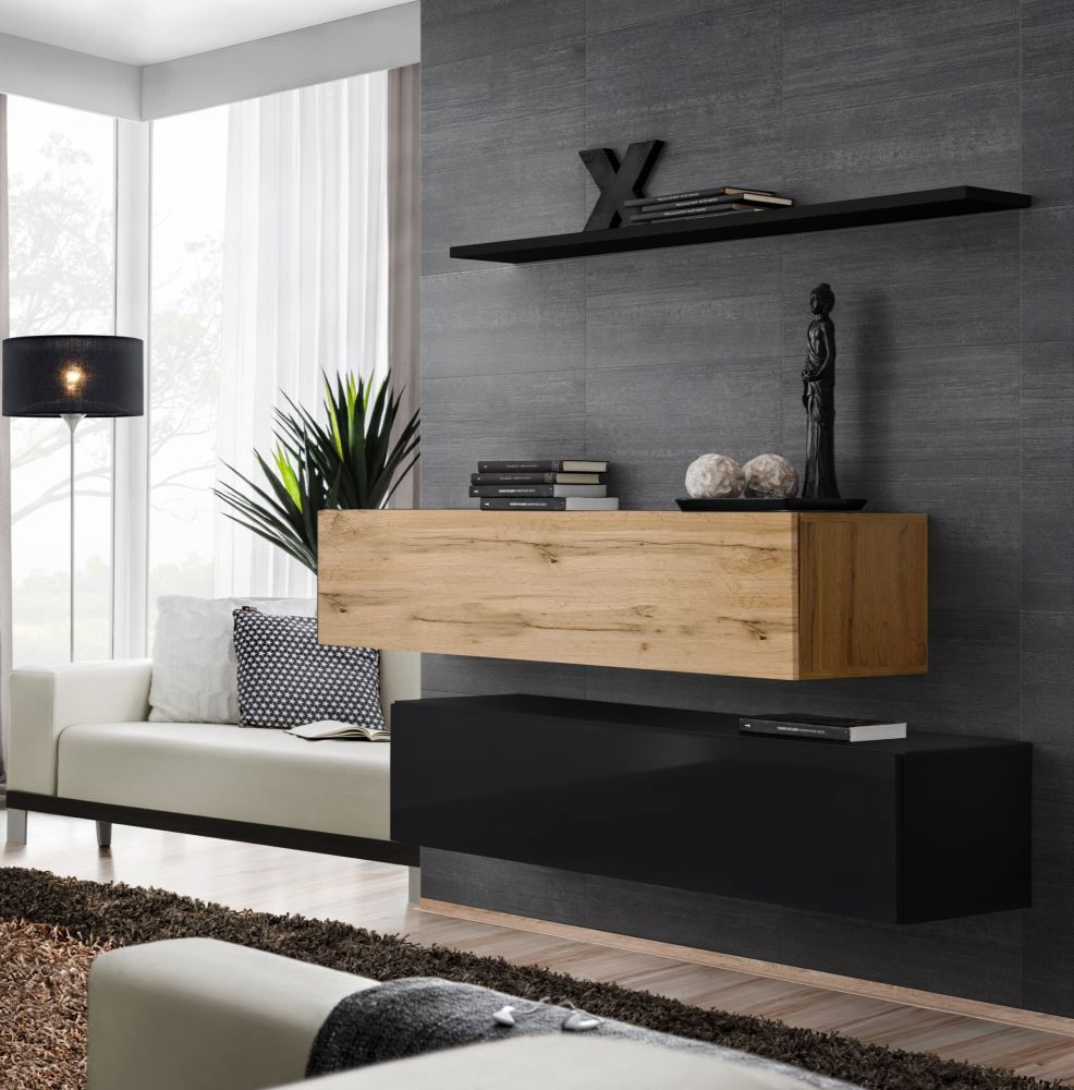 Lot de 2 meubles bas TV avec fonction push-to-open Balestrand 350, Couleur : Noir / Chêne wotan - Dimensions : 110 x 130 x 30 cm (h x l x p), avec tablette murale