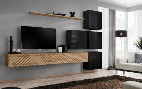 Elégant meuble-paroi Kongsvinger 65, couleur : chêne wotan / noir brillant - dimensions : 200 x 310 x 40 cm (h x l x p), avec six portes