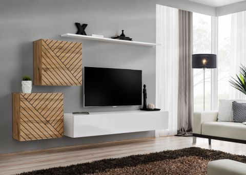 Elégant meuble-paroi Kongsvinger 35, Couleur : Chêne Wotan / Blanc brillant - Dimensions : 150 x 250 x 40 cm (H x L x P), avec trois portes