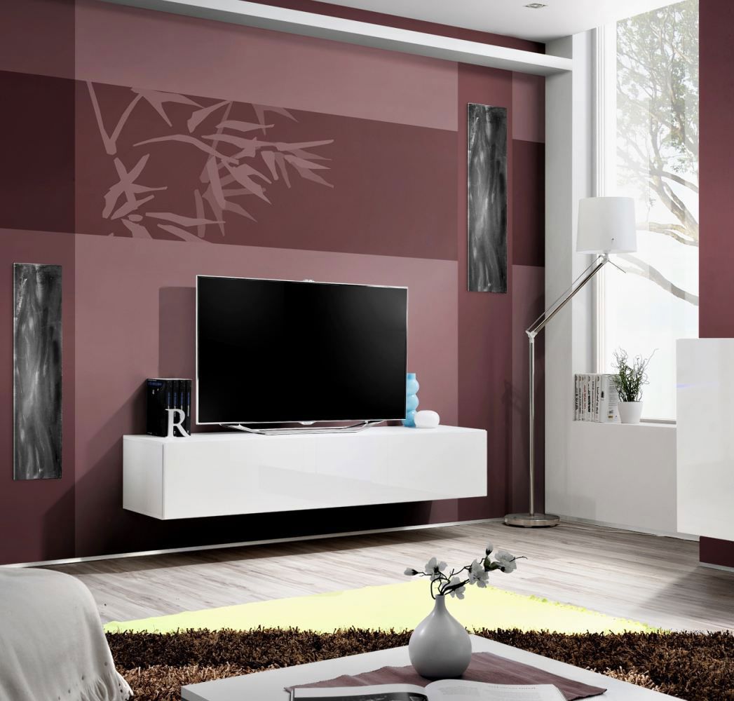 TV commode basse moderne Raudberg 02, Couleur : Blanc - dimensions : 30 x 160 x 40 cm (h x l x p), avec trois compartiments