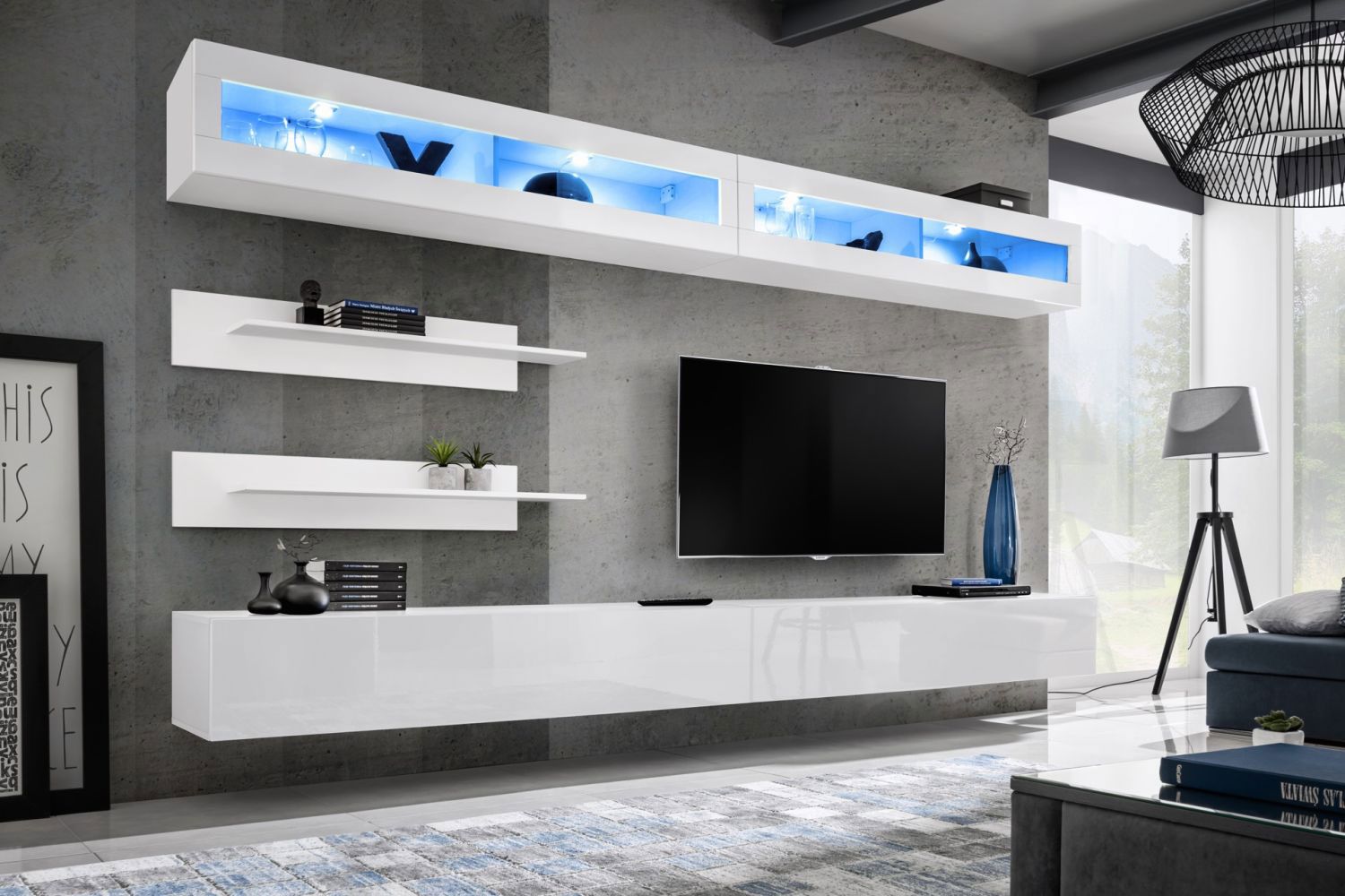 Mur de salon suspendu moderne Hompland 89, Couleur : Blanc - dimensions : 180 x 320 x 40 cm (h x l x p), avec éclairage LED bleu