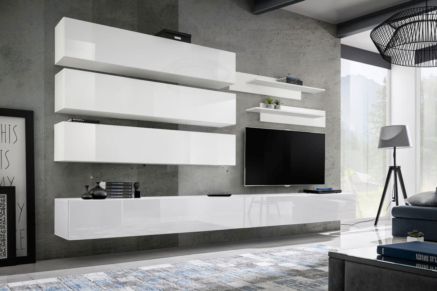 Grand meuble-paroi Hompland 97, couleur : blanc - dimensions : 180 x 320 x 40 cm (h x l x p), avec suffisamment d'espace de rangement