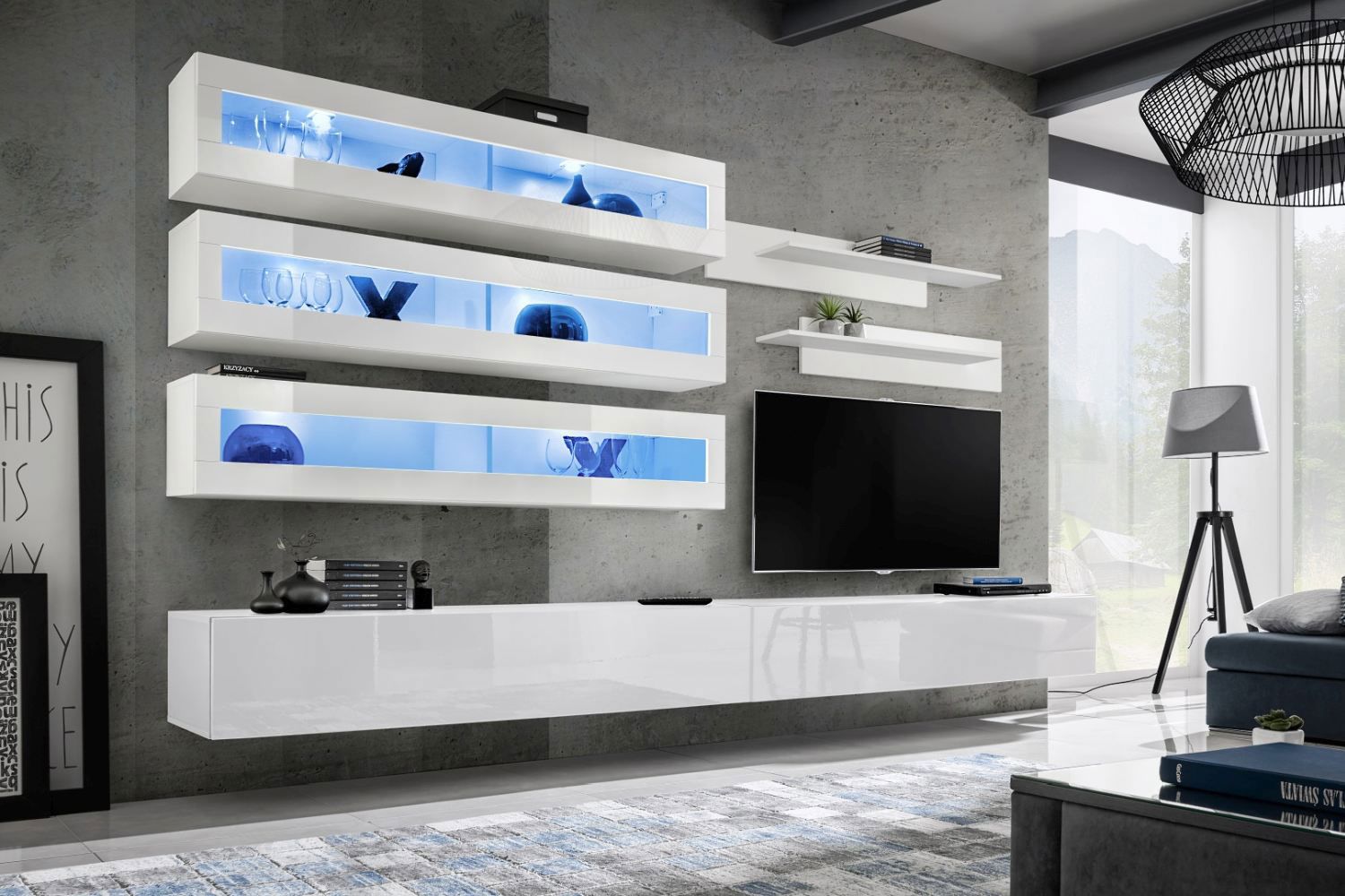 Mur de salon Hompland 101, Couleur : Blanc - Dimensions : 180 x 320 x 40 cm (h x l x p), avec éclairage LED bleu