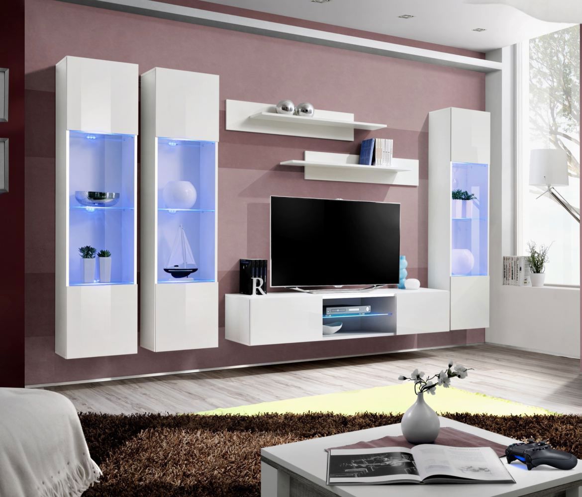 Elégant meuble-paroi Hompland 161, couleur : blanc - dimensions : 170 x 260 x 40 cm (h x l x p), avec suffisamment d'espace de rangement