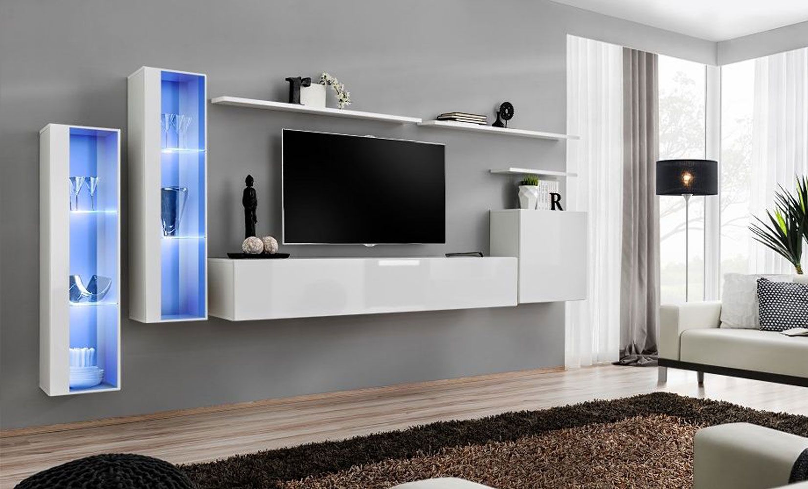 Elégant mur de salon avec éclairage LED Balestrand 161, Couleur : Blanc - Dimensions : 160 x 330 x 40 cm (h x l x p), avec 11 compartiments