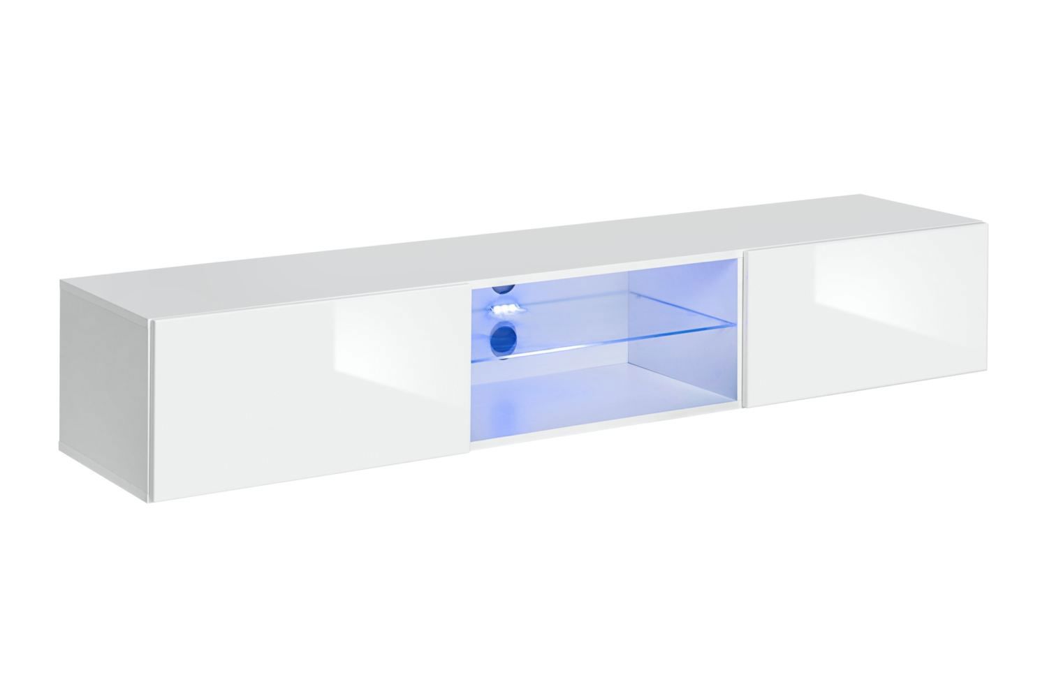 Meuble TV avec éclairage LED bleu Möllen 17, couleur : blanc - dimensions : 30 x 180 x 40 cm (h x l x p), avec fonction push-to-open