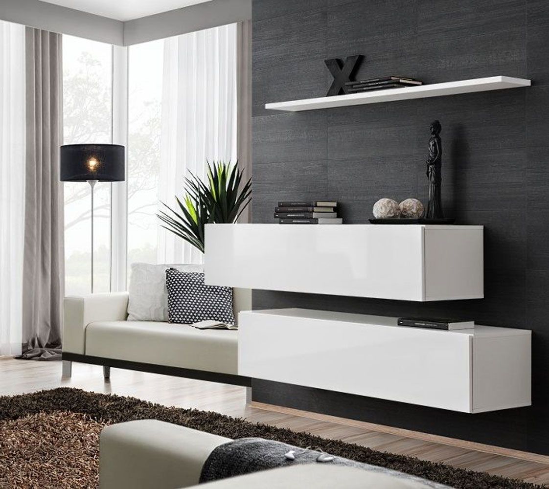 Deux meubles bas TV avec tablette murale Balestrand 337, Couleur : Blanc - Dimensions : 110 x 130 x 30 cm (h x l x p), avec fonction Push-to-open