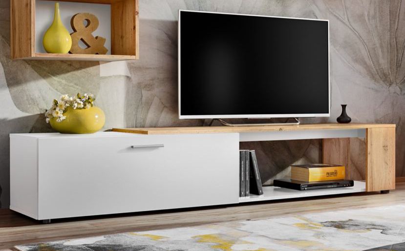 Meuble TV sobre avec deux compartiments Bjordal 08, Couleur : Blanc mat / Chêne Wotan - Dimensions : 39 x 200 x 40 cm (H x L x P)