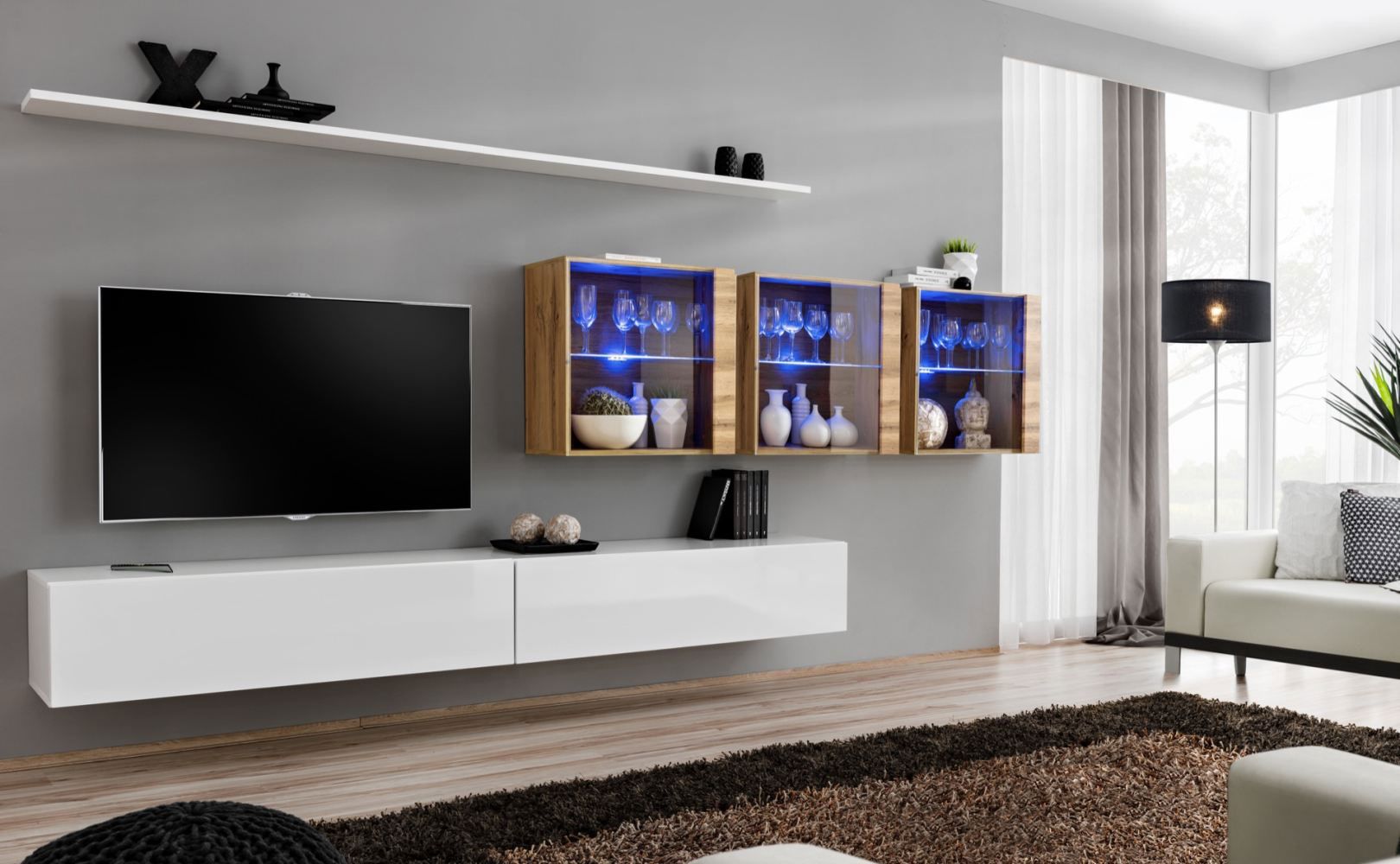 Mur de salon au design raffiné Balestrand 268, Couleur : Blanc / Chêne Wotan - Dimensions : 150 x 340 x 40 cm (h x l x p), avec éclairage LED