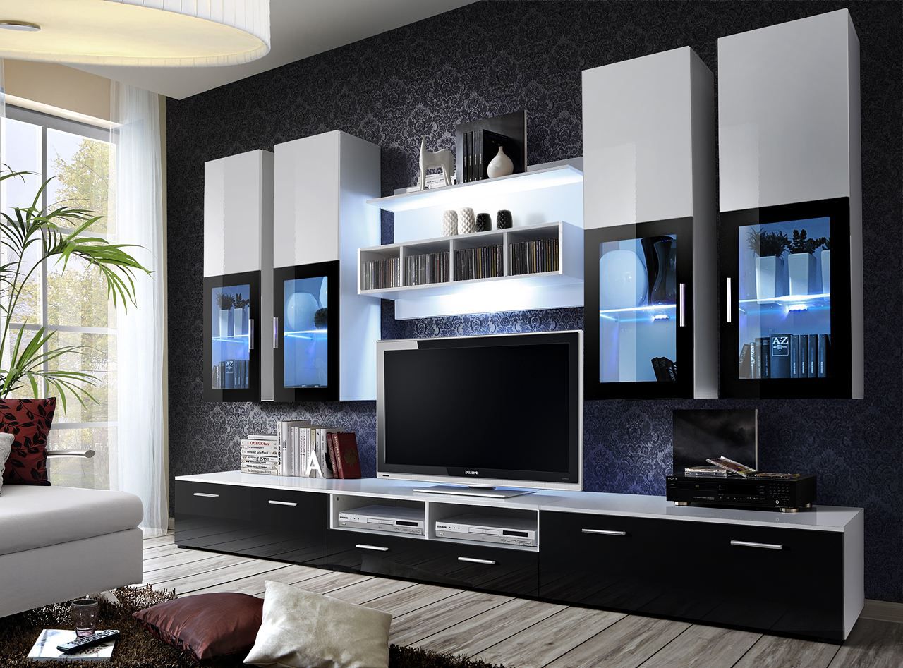 Mur de salon au design moderne Bjordal 56, Couleur : Blanc brillant / Noir brillant - Dimensions : 190 x 300 x 45 cm (h x l x p), avec deux tiroirs