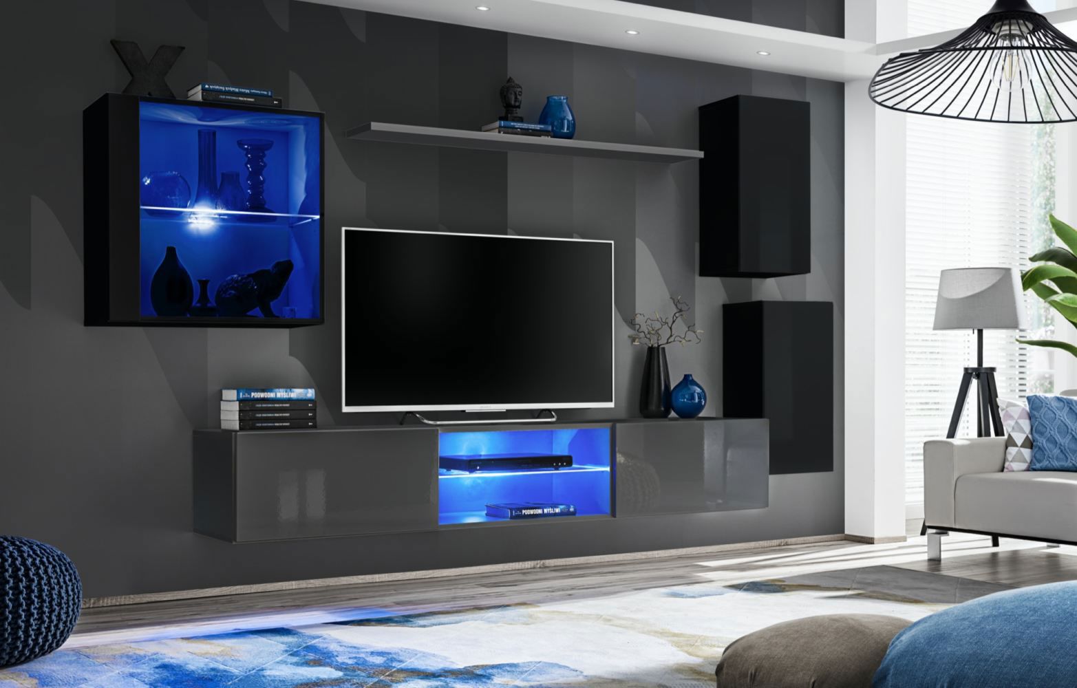 Meuble-paroi Salon Volleberg 42, couleur : noir / gris - dimensions : 140 x 250 x 40 cm (h x l x p), avec éclairage LED bleu
