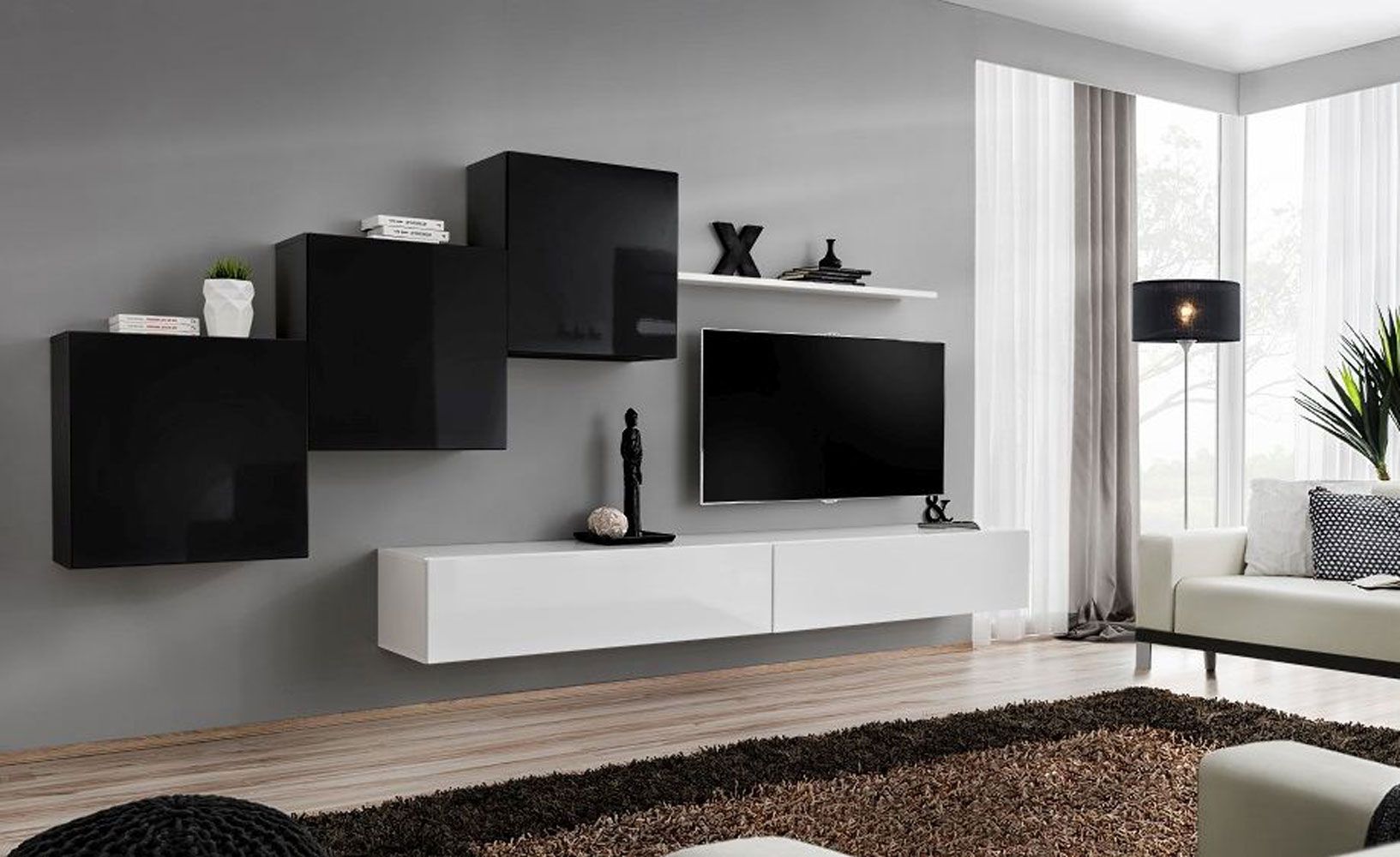 Elégant mur de salon Balestrand 150, Couleur : Noir / Blanc - Dimensions : 150 x 330 x 40 cm (H x L x P), avec fonction push-to-open