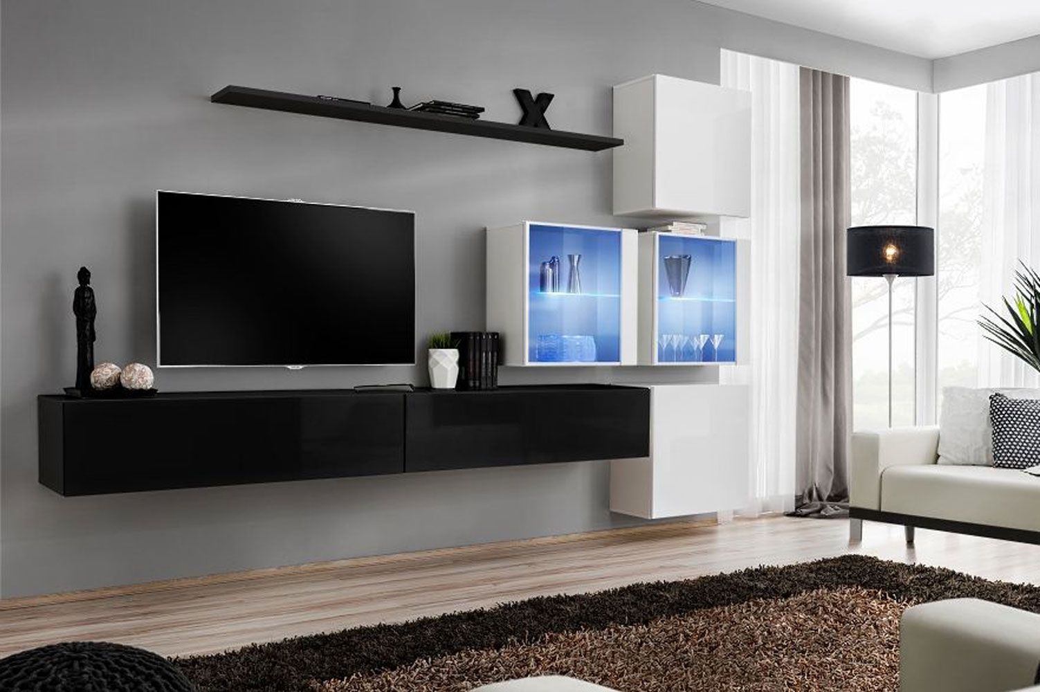 Mur de salon au design élégant Balestrand 294, Couleur : Noir / Blanc - Dimensions : 200 x 310 x 40 cm (h x l x p), avec 10 compartiments