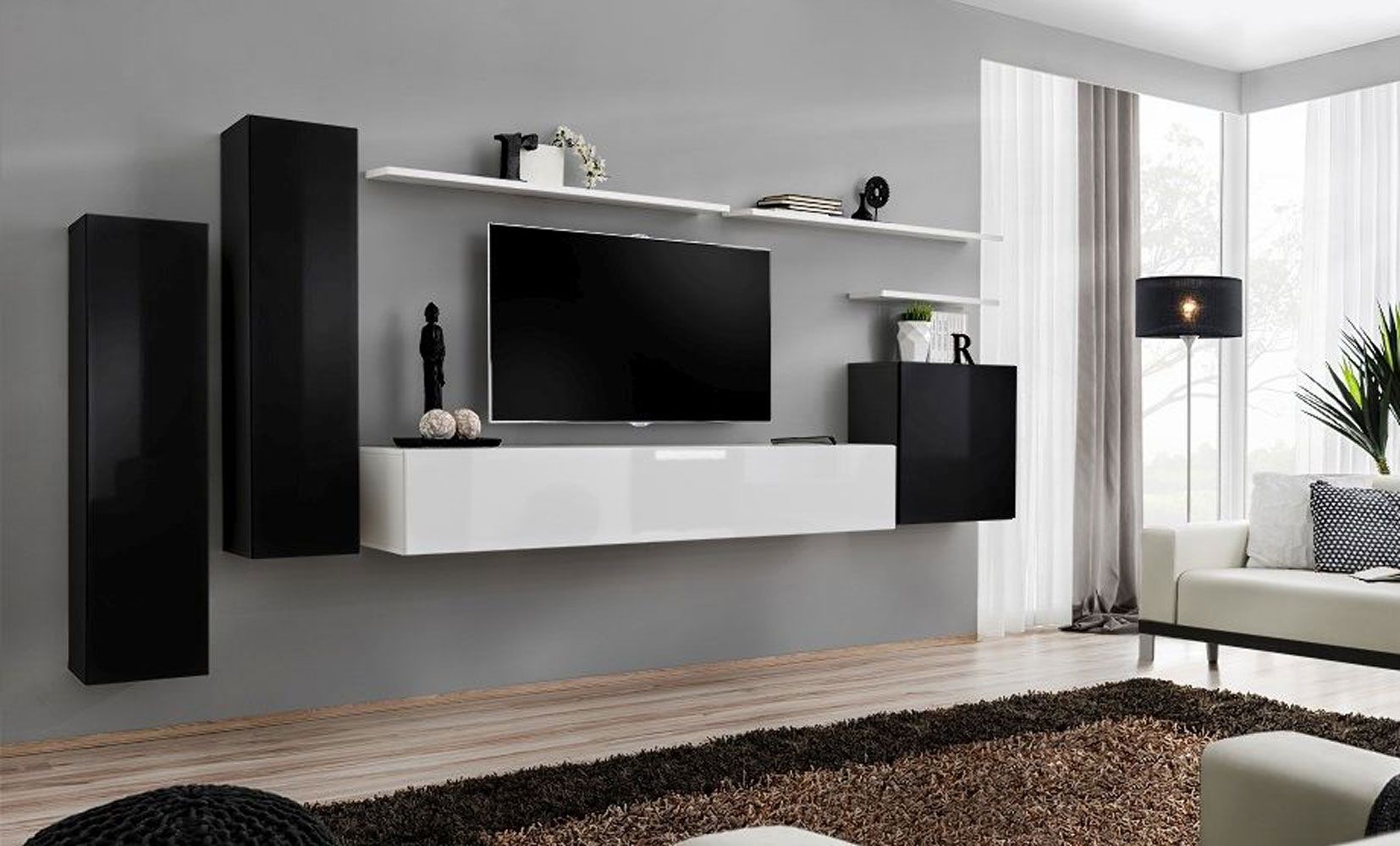 Mur de salon au design élégant Balestrand 06, Couleur : Noir / Blanc - Dimensions : 160 x 330 x 40 cm (H x L x P), avec fonction push-to-open