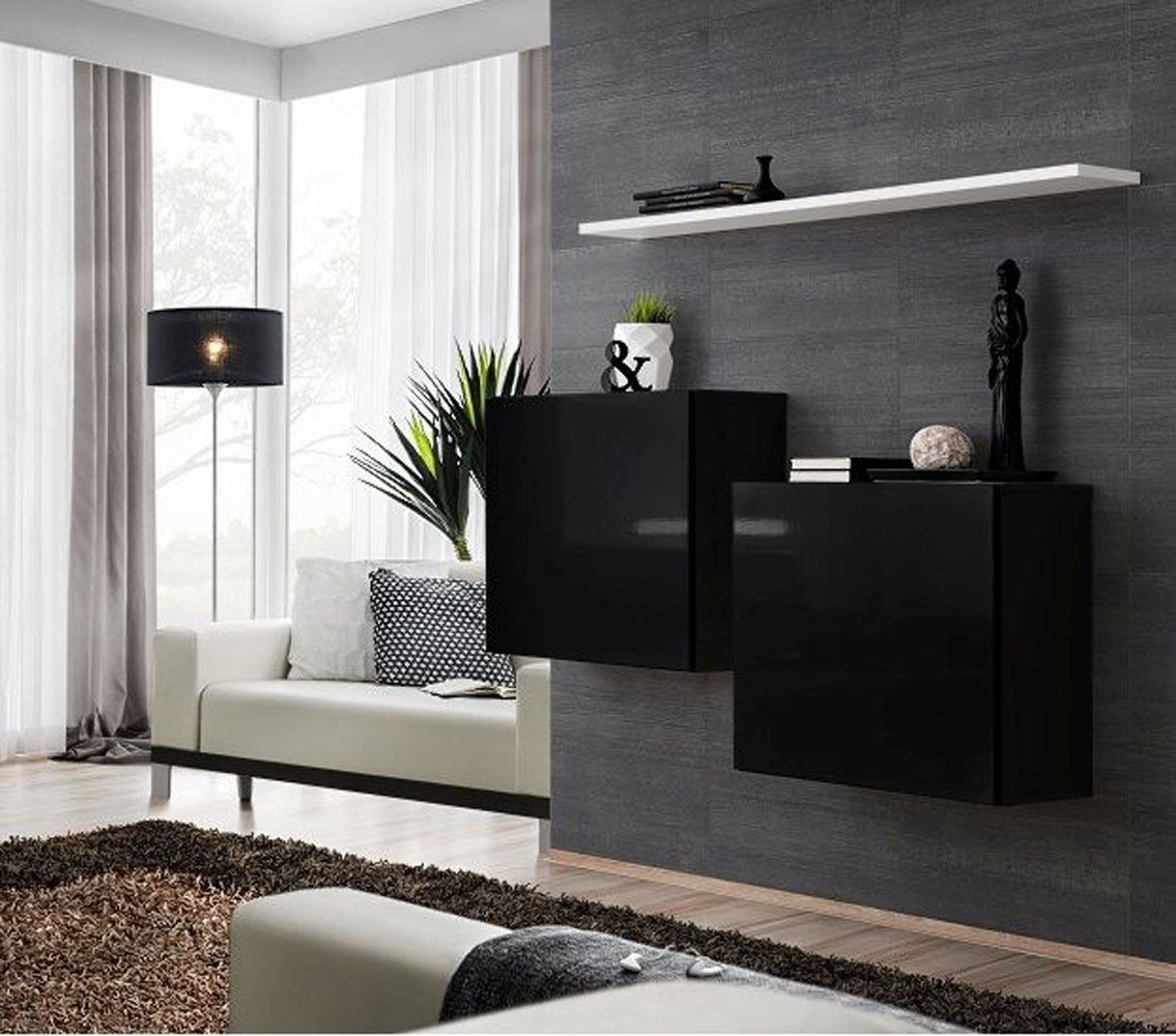 Deux élégantes armoires suspendues avec tablette murale Balestrand 326, Couleur : Noir / Blanc - Dimensions : 110 x 130 x 30 cm (h x l x p), avec fonction push-to-open