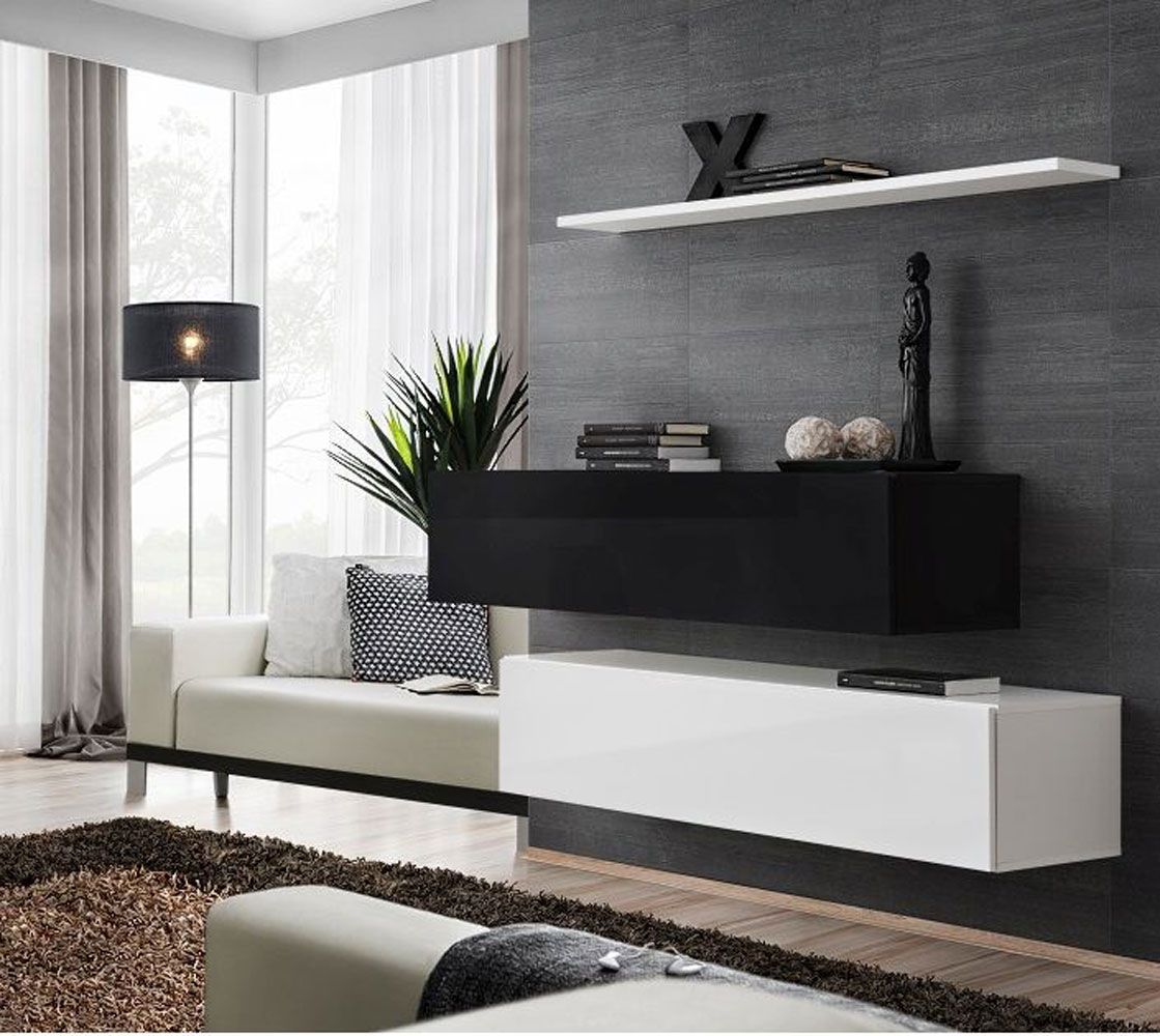 Deux élégants meubles bas TV Balestrand 343, Couleur : Blanc / Noir - Dimensions : 110 x 130 x 30 cm (h x l x p), avec quatre compartiments