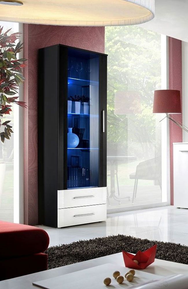 Armoire vitrine avec éclairage LED Salmeli 13, Couleur : Noir / Blanc - dimensions : 190 x 60 x 40 cm (h x l x p), avec deux tiroirs