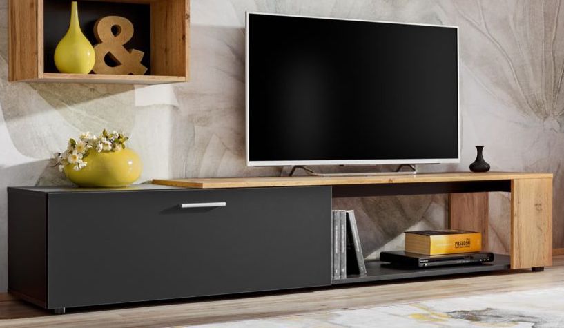Extraordinaire meuble TV Bjordal 07, Couleur : Noir mat / Chêne Wotan - dimensions : 39 x 200 x 40 cm (h x l x p)
