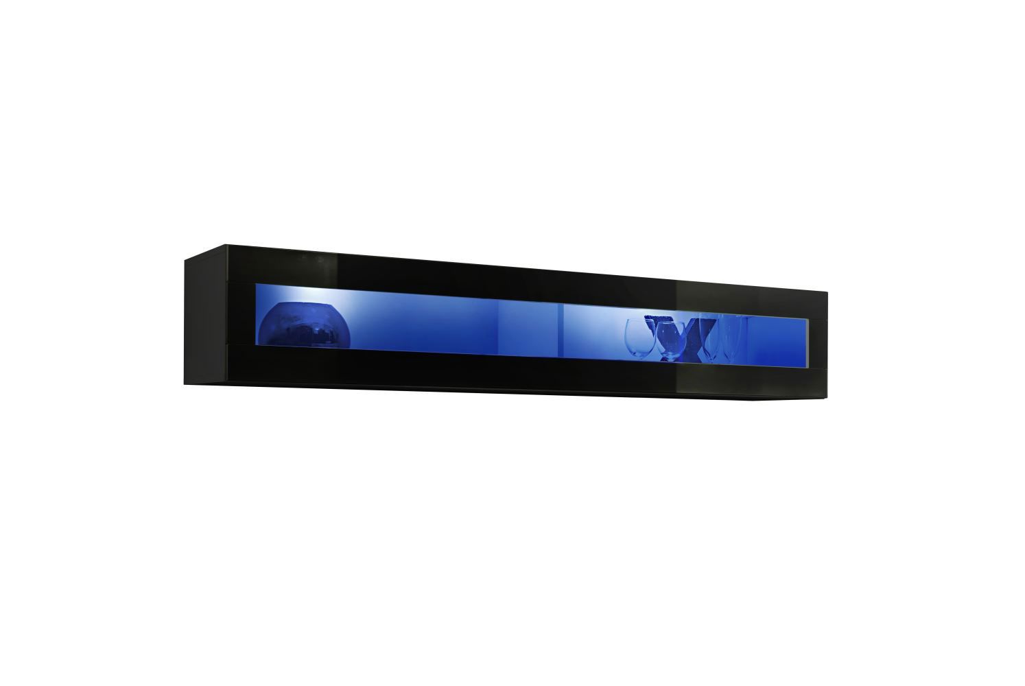 Vitrine suspendue stylée Raudberg 40, Couleur : Noir - Dimensions : 30 x 160 x 29 cm (h x l x p), avec éclairage LED bleu