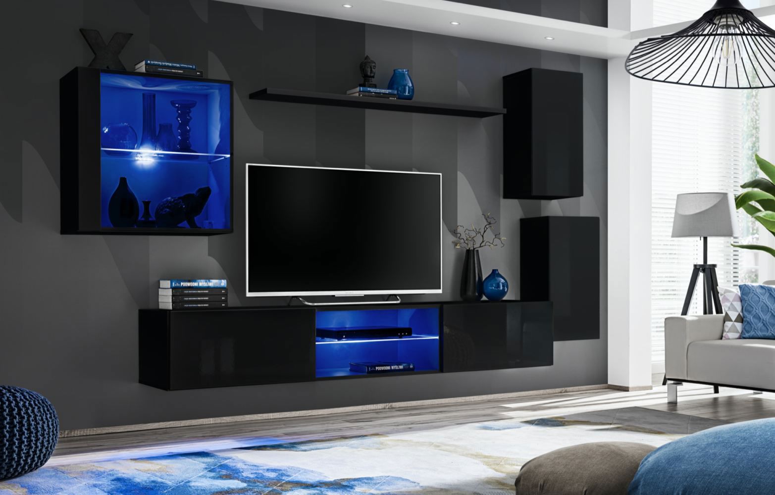 Mur de salon sombre Volleberg 34, Couleur : Noir - dimensions : 140 x 250 x 40 cm (h x l x p), avec éclairage LED bleu