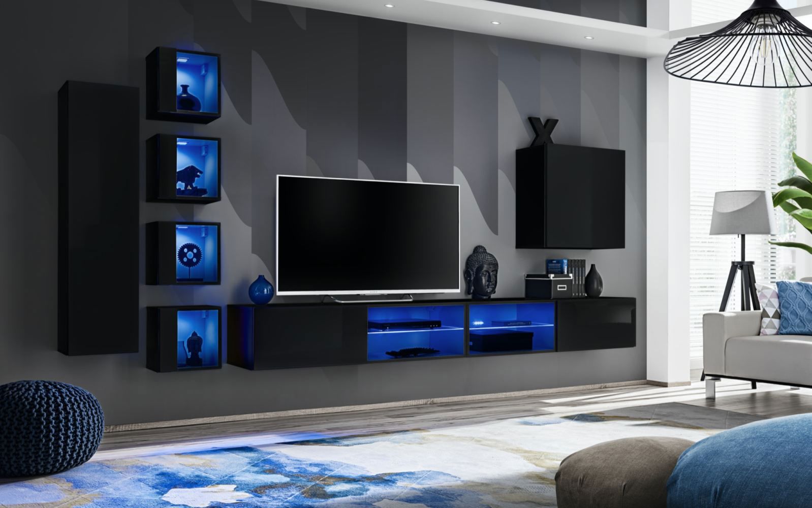 Mur de salon sombre Volleberg 82, Couleur : Noir - dimensions : 150 x 280 x 40 cm (h x l x p), avec éclairage LED bleu