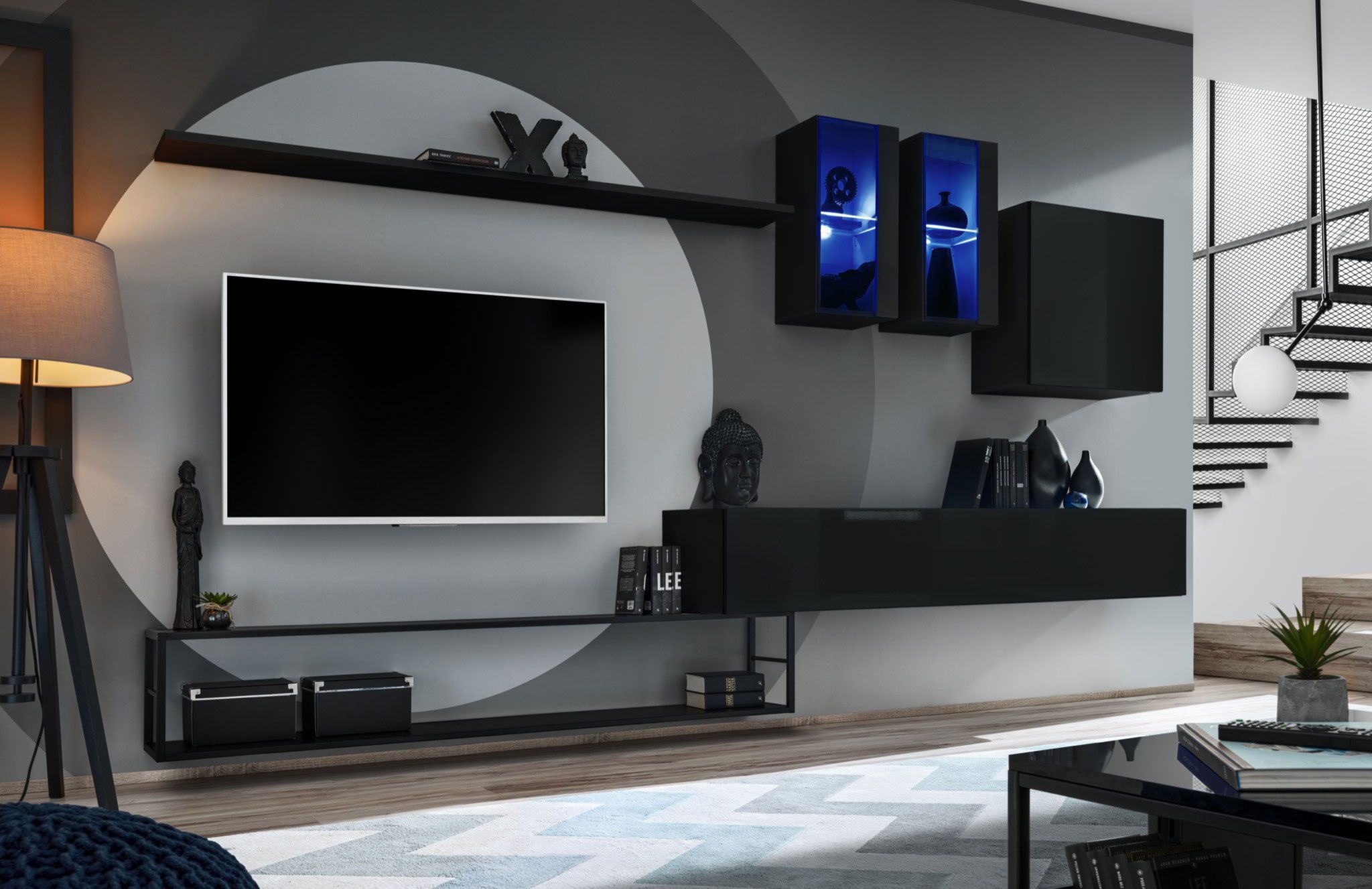 Mur de salon stylé Valand 02, Couleur : Noir - dimensions : 180 x 330 x 40 cm (h x l x p), avec éclairage LED bleu