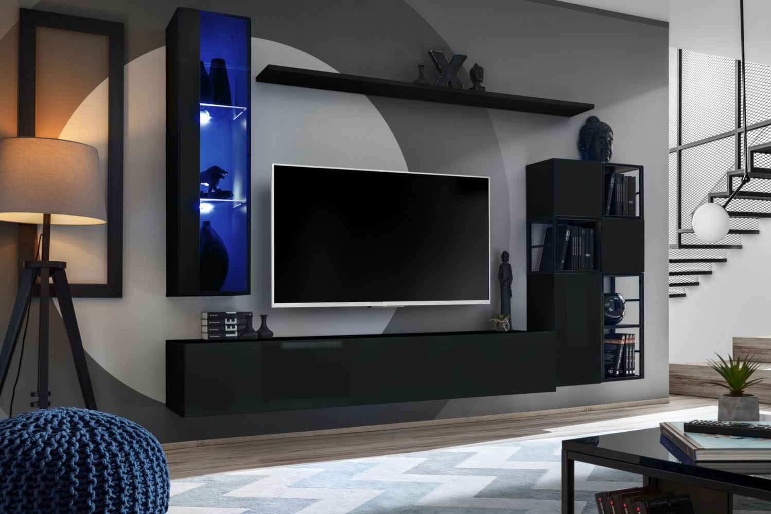 Mur de salon au design moderne Valand 06, Couleur : Noir - dimensions : 170 x 250 x 40 cm (h x l x p), avec éclairage LED bleu