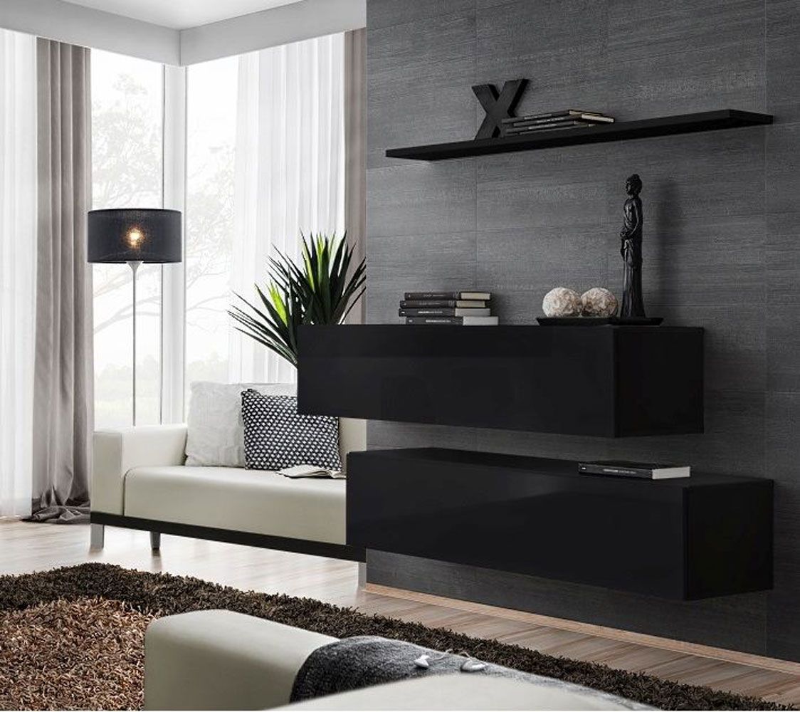 Lot de 2 meubles bas TV avec tablette murale Balestrand 338, Couleur : Noir - Dimensions : 110 x 130 x 30 cm (h x l x p), avec quatre compartiments