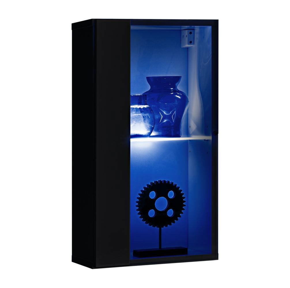 Vitrine suspendue noire Möllen 10, Couleur : Noir - Dimensions : 60 x 30 x 25 cm (h x l x p), avec éclairage LED bleu