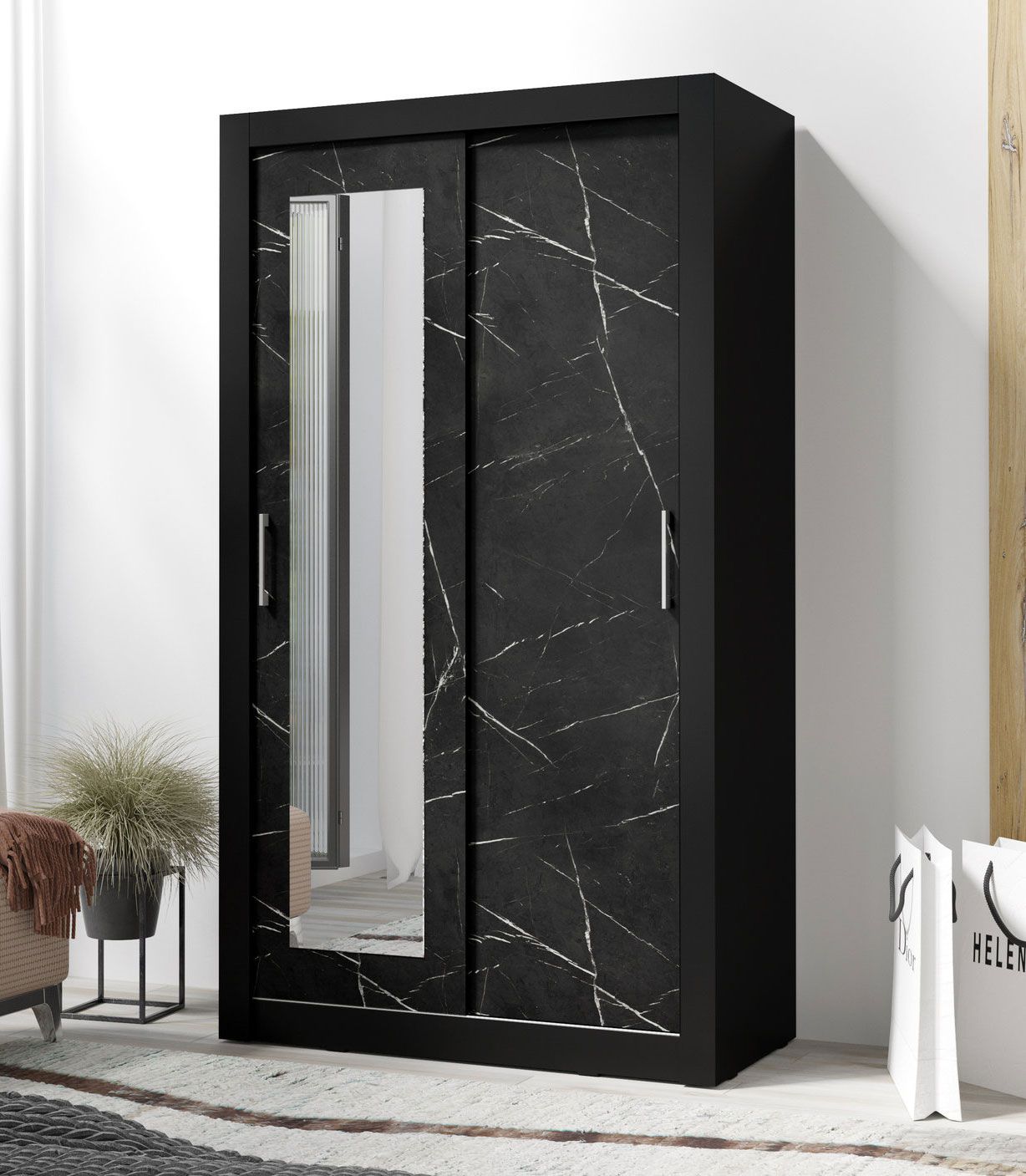 Armoire à portes coulissantes avec miroir Niel 23, Couleur : Noir / Marbre Noir - Dimensions : 215 x 120 x 60 cm (H x L x P)