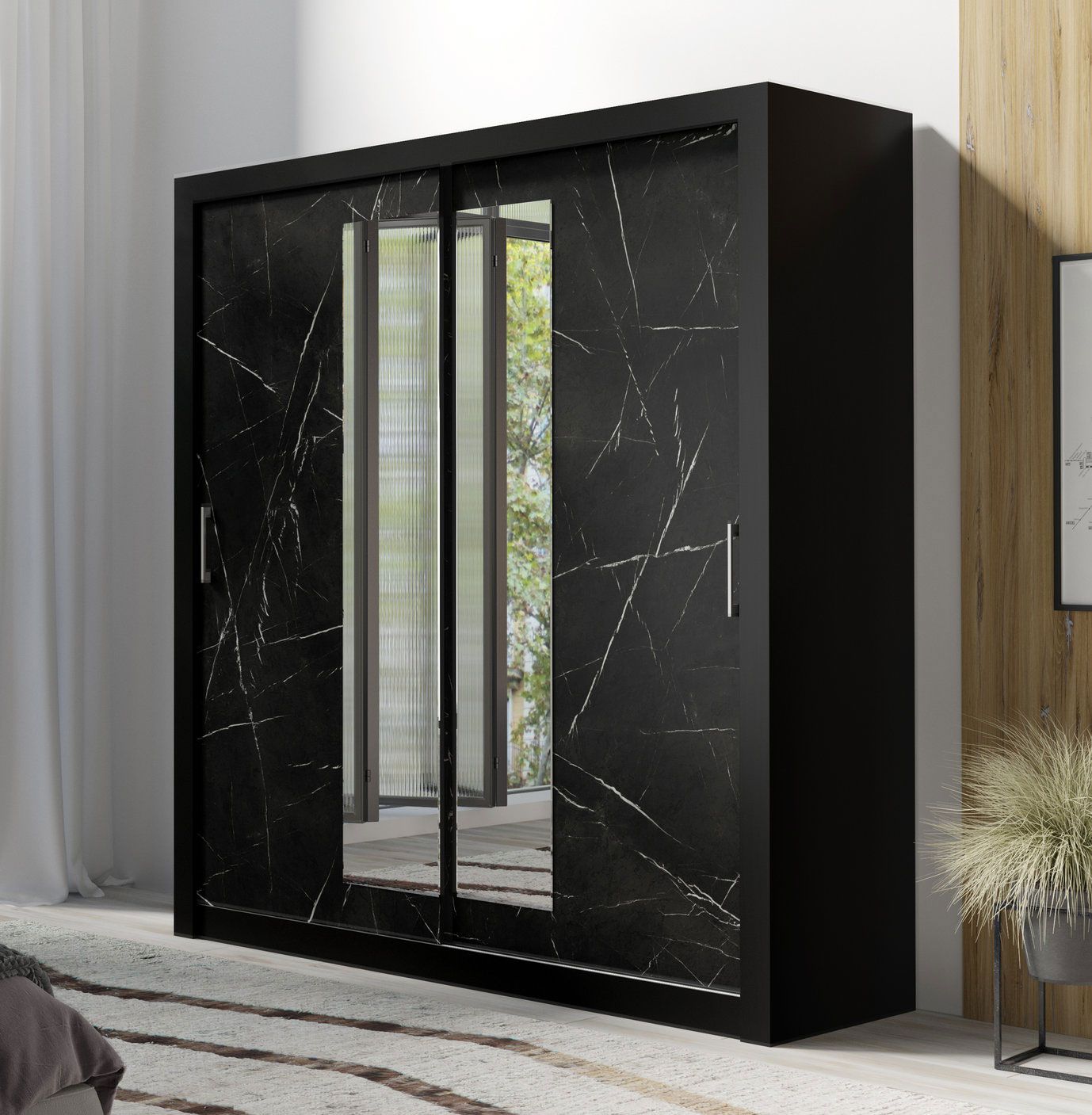 Armoire à portes coulissantes avec grand espace de rangement Niel 29, Couleur : Noir / Marbre Noir - Dimensions : 215 x 200 x 60 cm (H x L x P)