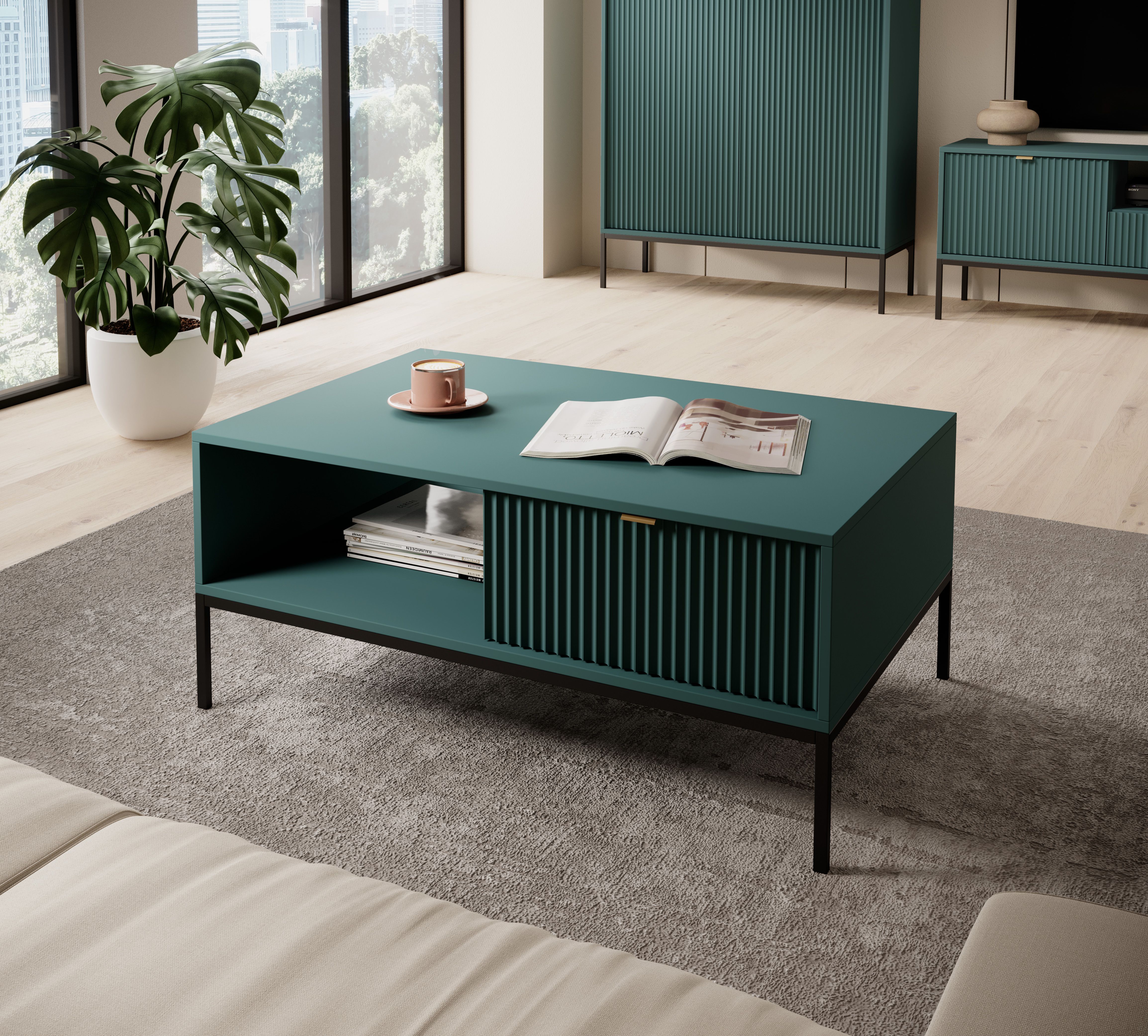 Table basse Worthing 08, Couleur : Turquoise / Noir / Or - dimensions : 46 x 104 x 68 cm (h x l x p)