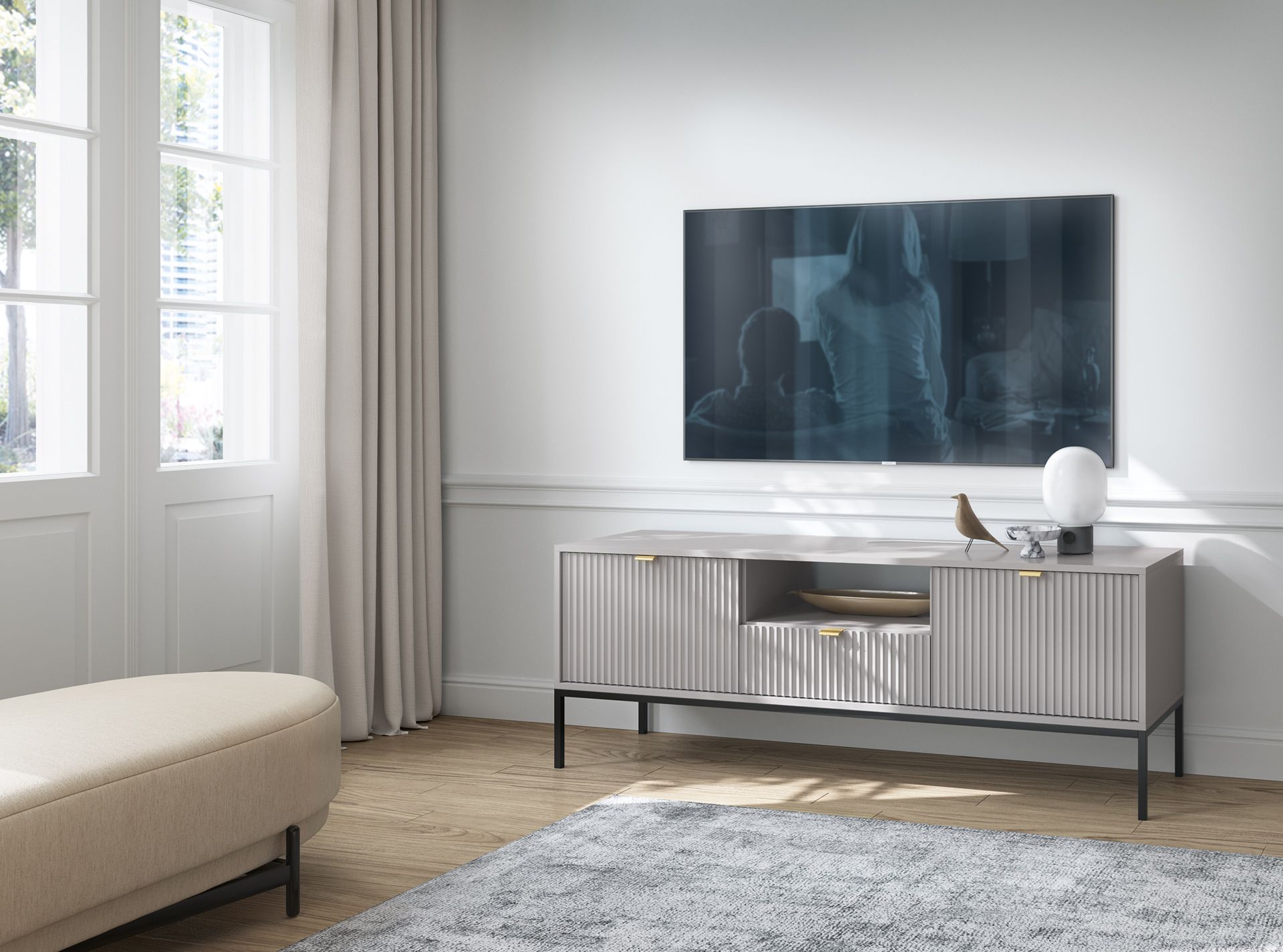 Meuble TV moderne Worthing 56, Couleur : Gris / Noir / Or - Dimensions : 56 x 154 x 39 cm (H x L x P)