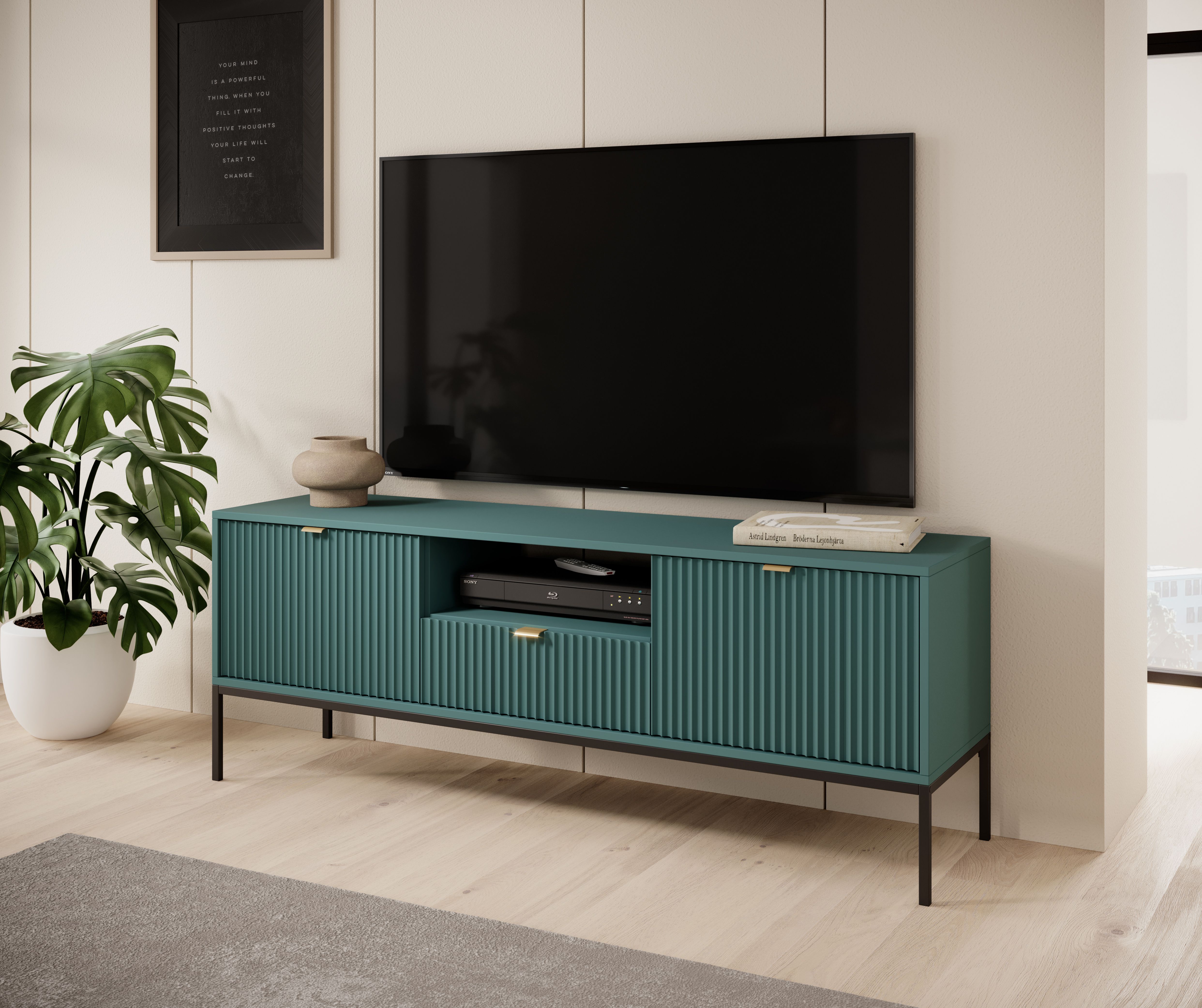 Meuble TV Worthing 11, Couleur : Turquoise / Noir / Or - Dimensions : 56 x 154 x 39 cm (H x L x P)