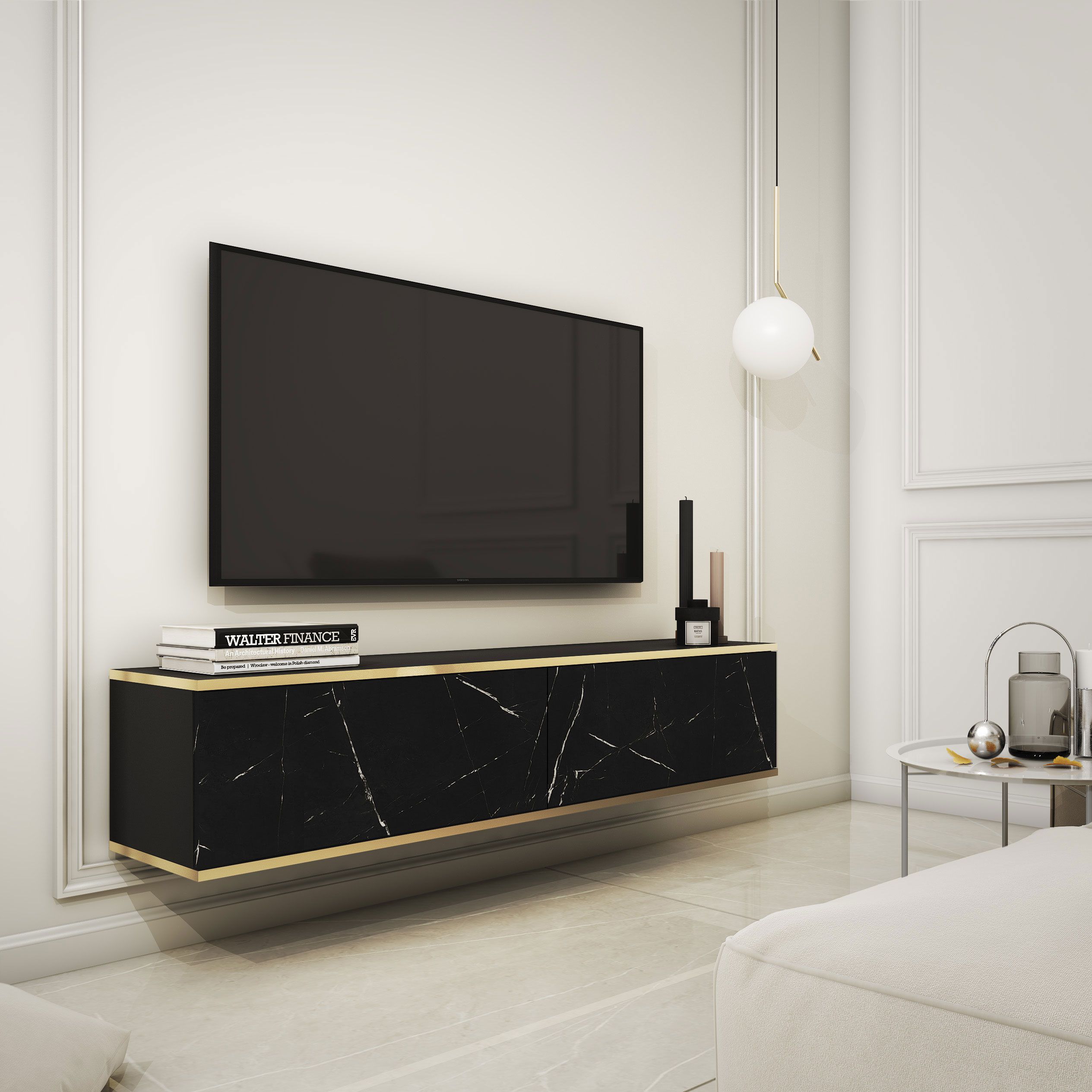 Meuble TV au design élégant Horsham 10, couleur : Marbre noir - Dimensions : 30 x 135 x 32 cm (H x L x P)