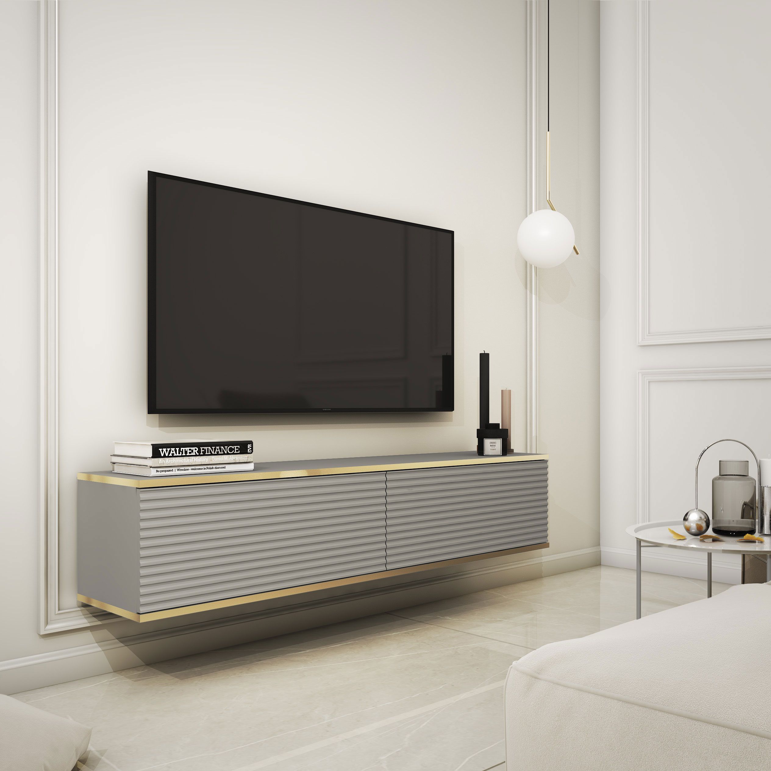 Meuble TV élégant avec deux compartiments basculants Horsham 04, Couleur : Gris - Dimensions : 30 x 135 x 32 cm (H x L x P)
