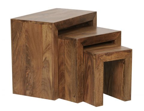 Set de 3 tables d'appoint en bois massif de Sheesham Apolo 153, Couleur : Sheesham teinté, fabriqué à la main
