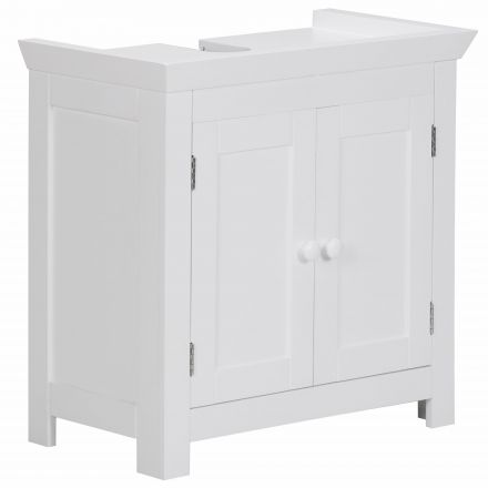 Armoire basse de salle de bain style maison de campagne, Couleur : Blanc - dimensions : 56 x 57 x 30 cm (h x l x p), avec évidement pour siphon