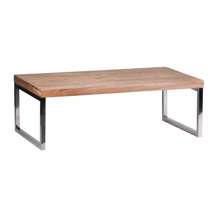 Grande table de salon en acacia massif avec piétement chromé, Couleur : Acacia / Chrome - Dimensions : 40 x 60 x 120 cm (h x l x p), fabriquée à la main
