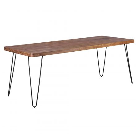 Grande table de salle à manger en bois massif de Sheesham Marimonos 03, Couleur : Sheesham / Noir - Dimensions : 80 x 200 cm (l x p), avec pieds en épingle à cheveux
