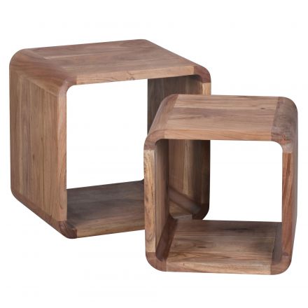 Table d'appoint 2 pièces en forme de cube, Couleur : Acacia - Dimensions : 43 x 36 x 43 cm (h x l x p), en bois massif d'acacia
