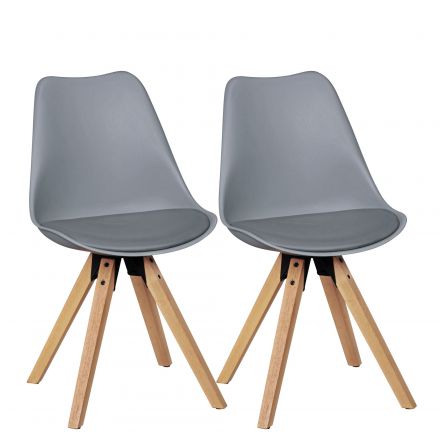 Chaise de salle à manger, set de 2, design scandinave, Couleur : Gris / Chêne, coque et coussin d'assise recouverts de similicuir